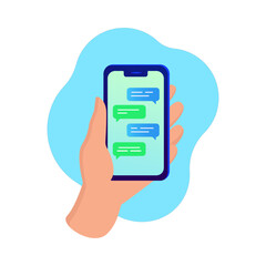 Hand holding Phone with messaging application. Online news and work. Business marketing concept.  Chat with smartphone background. Sharing news, invite friends online. Vector.