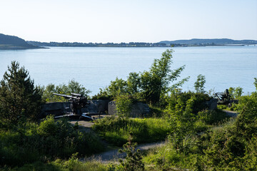 Alesund, Norway - June 30, 2022: Tueneset costal Fort was built by the Germans during Second World War with batteries and bunker facilities. Selective focus