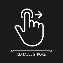 Move to right pixel perfect white linear icon for dark theme. Smartphone interaction. Touchscreen control. Thin line illustration. Isolated symbol for night mode. Editable stroke. Arial font used