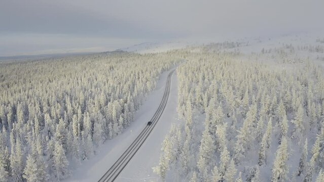 Aerial view of a winter road in the middle of snow covered forest with cars driving
