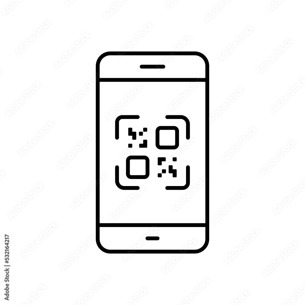 Poster payment with qr code on smartphone line icon. square qrcode on mobile phone app linear pictogram. sc