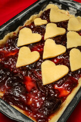 Appetizing sweet dessert cake with berries jam