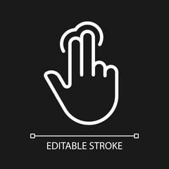 Double finger touch pixel perfect white linear icon for dark theme. Multi touch technology. Smartphone. Thin line illustration. Isolated symbol for night mode. Editable stroke. Arial font used
