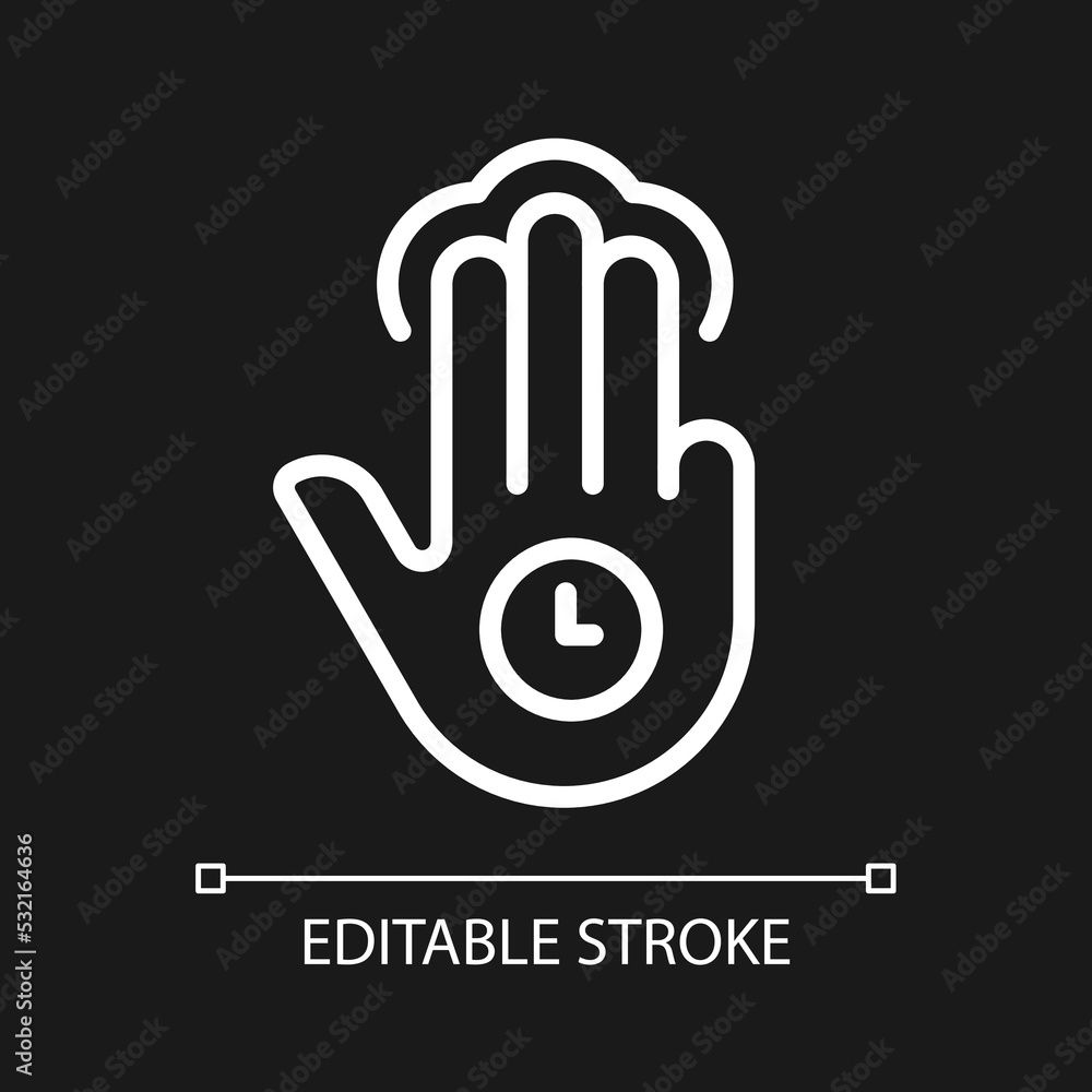 Poster three finger holding pixel perfect white linear icon for dark theme. multi touch technology. tap and