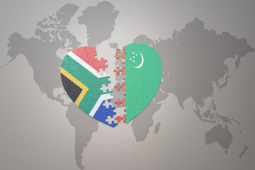 puzzle heart with the national flag of south africa and turkmenistan on a world map background. 3D illustration