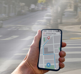 person with navigation app on city street