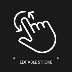 Obraz premium Rotation pixel perfect white linear icon for dark theme. Tap to spin picture. Update and reload. Smartphone. Thin line illustration. Isolated symbol for night mode. Editable stroke. Arial font used