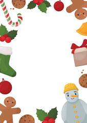 Winter Frame Design, Christmas Post Card. Merry Christmas Banner, Poster, Advertising, Decoration, Invitation Card. Snowman, Sock, Gift, Bell, Cookies, Snowball, Candy Cane, Holly, Gingerbread Man