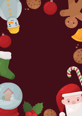Fototapeta premium Winter Frame Design, Christmas Post Card. Merry Christmas Banner, Poster, Advertising, Design and Decoration, Invitation Card. Gingerbread Man, Candy Cane, Snowball, Santa Claus, Christmas Tree, Holly