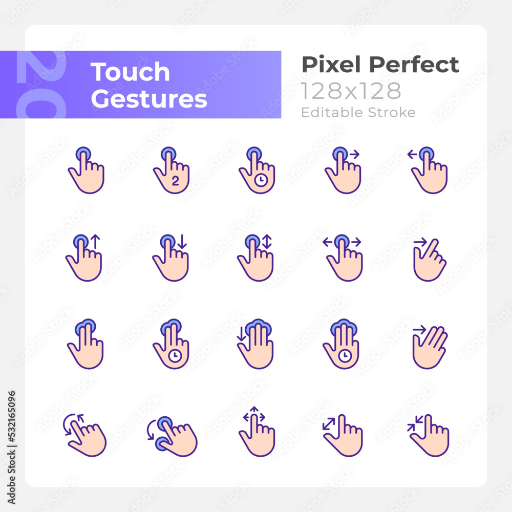Poster touch gestures pixel perfect rgb color icons set. touchscreen control. isolated vector illustrations