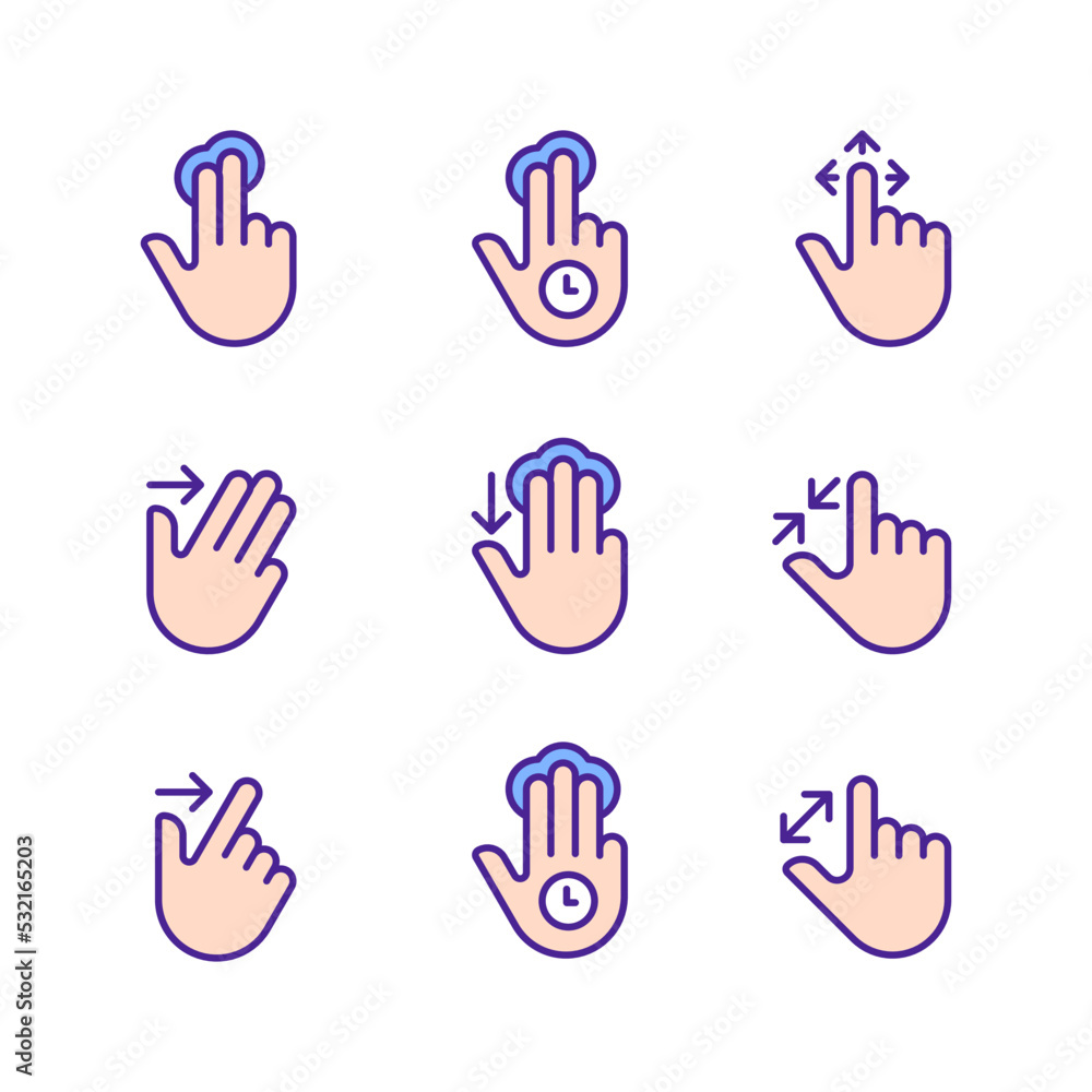 Poster multitouch gestures pixel perfect rgb color icons set. touchscreen control. tablet and phone navigat