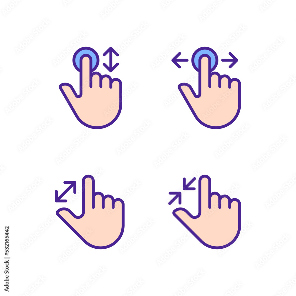 Poster scrolling and zooming gestures pixel perfect rgb color icons set. touchscreen. electronic device nav