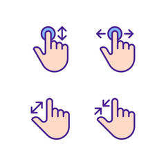 Scrolling and zooming gestures pixel perfect RGB color icons set. Touchscreen. Electronic device navigation. Isolated vector illustrations. Simple filled line drawings collection. Editable stroke