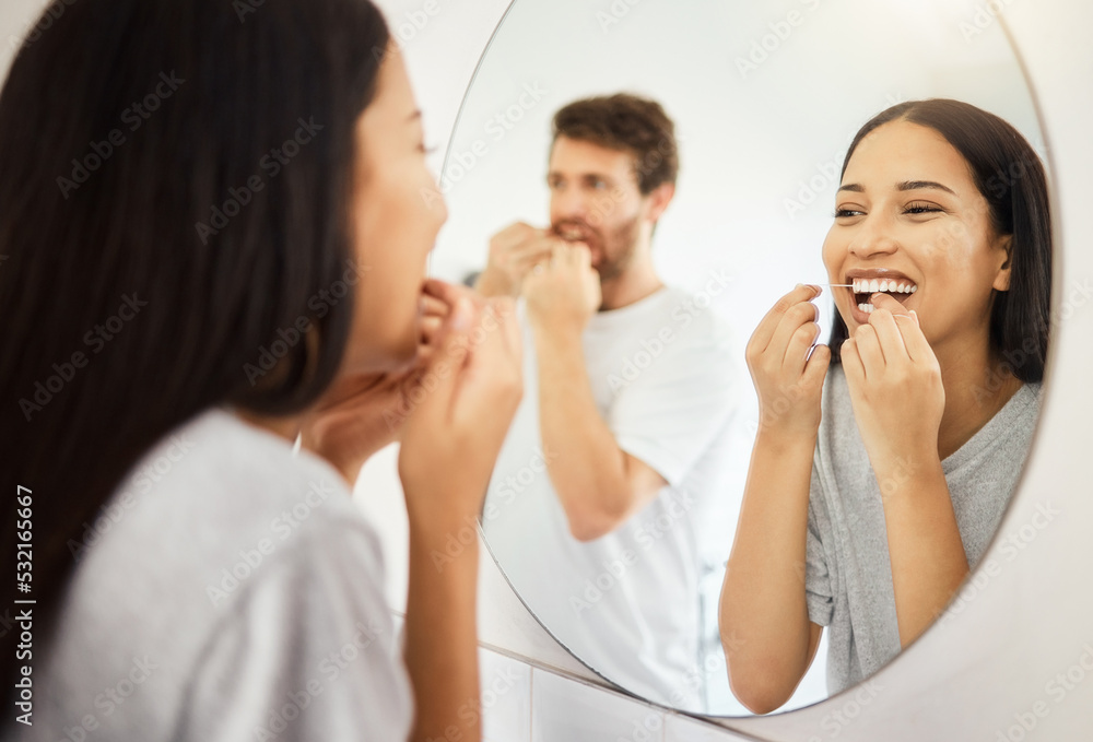 Canvas Prints mirror, dental floss and teeth healthcare couple cleaning mouth for healthy gums, smile and fresh br