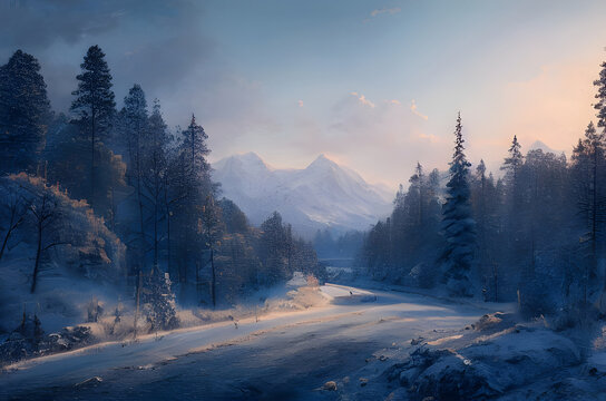 A winding road through a snowy winter landscape. 
