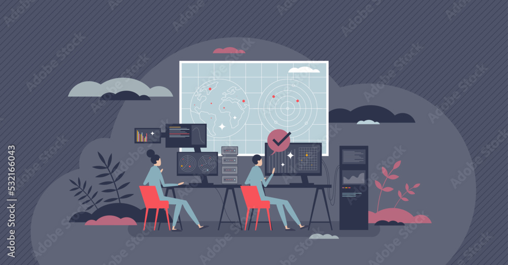 Poster cyber security control room with surveillance center tiny person concept. global satellite monitorin