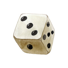 Dice in various colors one of the equipment in gambling games, watercolor illustration isolated on white background