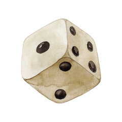 Retro watercolor wooden dice cube on white background