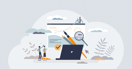 App development and application design drawing teamwork tiny person concept. Home page creation with content and media layout optimization and responsive online website project vector illustration.