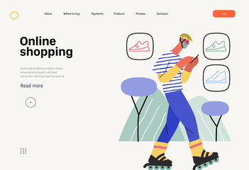 Online shopping - electronic commerce web template - modern flat vector concept illustration of a man wearing roller skates and shopping on the go. Promotion, discounts, sale and online orders concept
