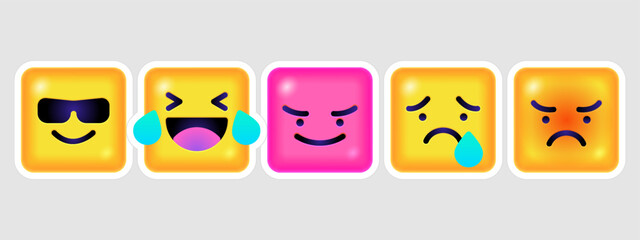 Square Emoticons set. Yellow Emoji faces emoticon smile, digital smiley expression emotion feelings, chat cartoon emotes. Vector illustration icons