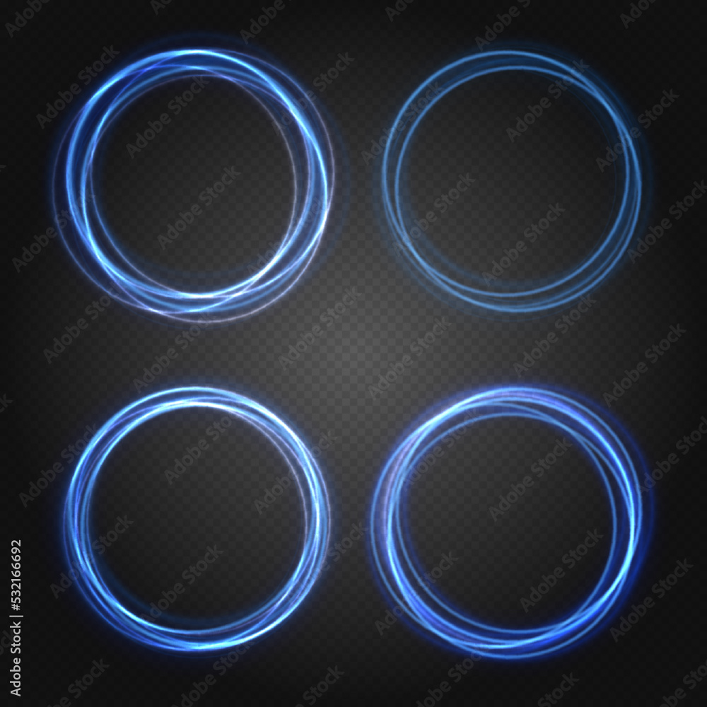 Poster blue neon ovals or circles for swirl shiny rings light effect. glow luminous glitter shimmer trail. 
