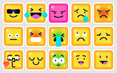 Fototapeta premium Square Emoticons set. Yellow Emoji faces emoticon smile, digital smiley expression emotion feelings, chat cartoon emotes. Vector illustration icons