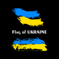 Flag of Ukraine in brush paint stroke style on black. National symbol of the state in grunge design. Vector illustration