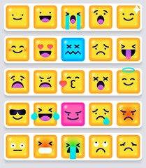 Square Emoticons set. Yellow Emoji faces emoticon smile, digital smiley expression emotion feelings, chat cartoon emotes. Vector illustration icons