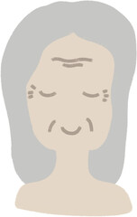Senior woman cartoon character smiling face clipart.  Meditation, relaxation, wellbeing isolated graphic.