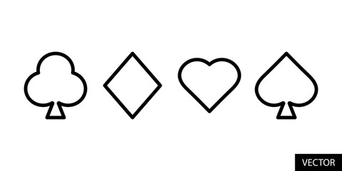 Deck of card symbols. Clubs, Diamonds, Hearts, Spades. Playing cards vector icons in line style design for website, app, UI, isolated on white background. Editable stroke. Vector illustration.