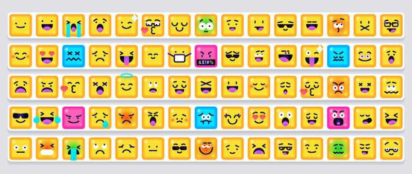 Square Emoticons set. Yellow Emoji faces emoticon smile, digital smiley expression emotion feelings, chat cartoon emotes. Vector illustration icons