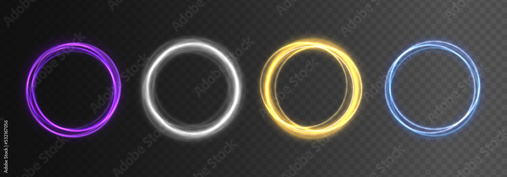 Poster Colored neon ovals or circles for swirl shiny rings light effect. Glow luminous glitter shimmer trail. Curve light effect of multicolored line. Blurred spiral ring. Bokeh effect. Vector illustration. 