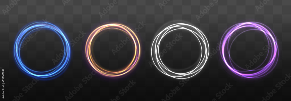 Poster Colored neon ovals or circles for swirl shiny rings light effect. Glow luminous glitter shimmer trail. Curve light effect of multicolored line. Blurred spiral ring. Bokeh effect. Vector illustration. 