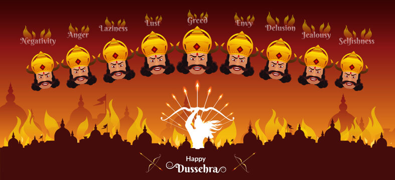 Indian festival Dussehra greeting with Ravana evil heads showing social evils.