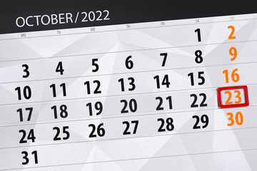 Fototapeta premium Calendar 2022, deadline, day, month, page, organizer, date, october, sunday, number 23