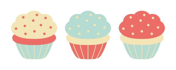 Delicious cupcakes. Set of dessert vector flat illustrations.	
