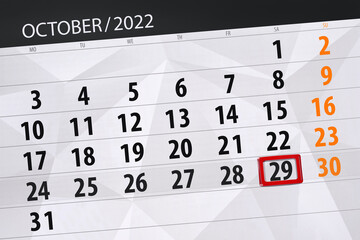 Calendar 2022, deadline, day, month, page, organizer, date, october, saturday, number 29