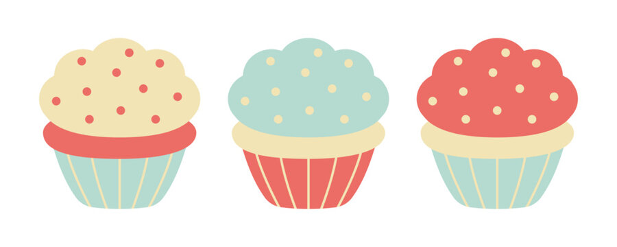 Delicious cupcakes. Set of dessert vector flat illustrations.	
