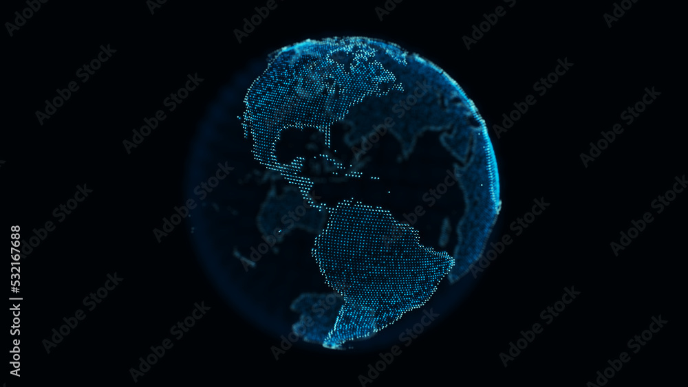 Fototapete Digital dotted planet earth isolated on a black background fit for layer compositing. Stylized world globe with glowing particle dots. Big data technology, communication, digital concept. 3D render