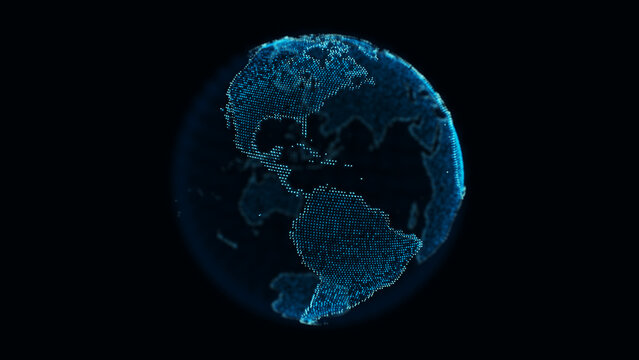 Digital dotted planet earth isolated on a black background fit for layer compositing. Stylized world globe with glowing particle dots. Big data technology, communication, digital concept. 3D render