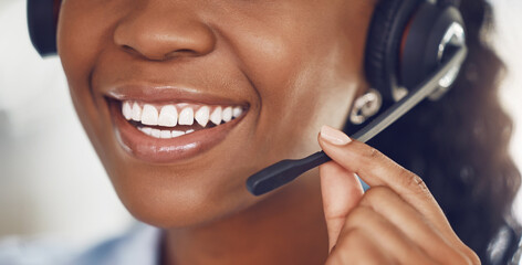 Call center agent, smile and black woman telemarketing operator or consultant talking on headset...