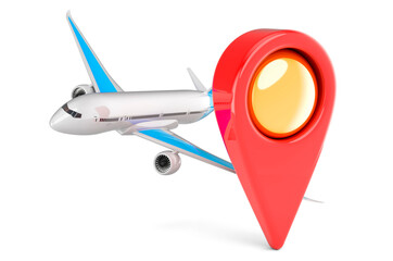 Map pointer with airplane. Airport location concept. 3D rendering