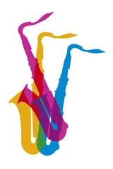 Colorful music graphic with saxophone.