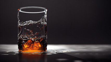 3 D render. Detail of pouring scotch whiskey or brandy into a glass with ice cubes, isolated on black background