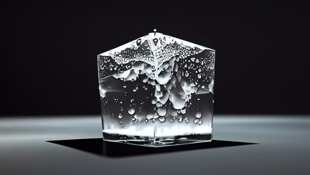 Isolated transparent water splash with splashes and drops in glass on dark background. 3 D render