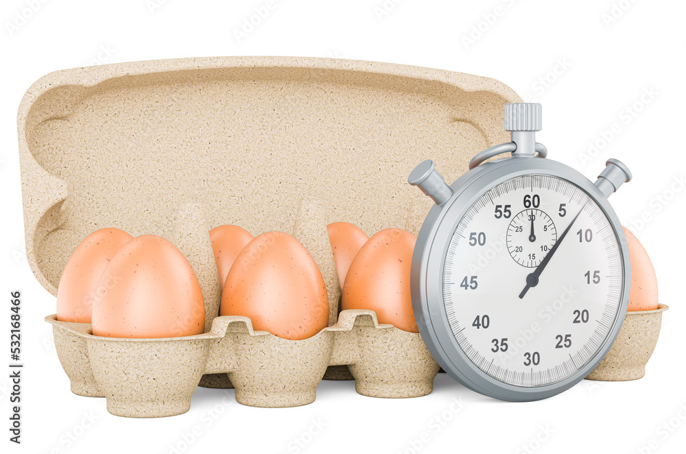 Poster white eggs in an egg carton with stopwatch. 3d rendering