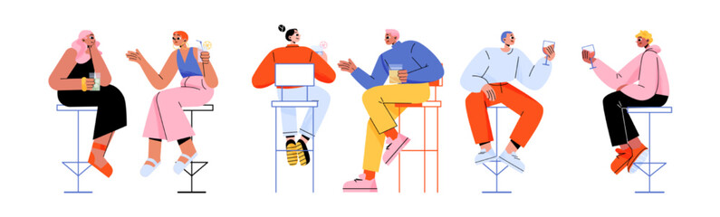 People in bar sitting on high chairs drinking alcohol or refreshing beverages. Young male and female characters with wineglasses communicate, dating, celebrate party, Line art flat vector illustration