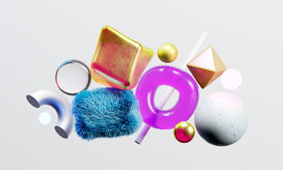 Design shape textured glass objects flying wallpaper background. 