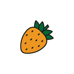 Cartoon vector illustration of a red strawberry with a curly tail. On a white background.